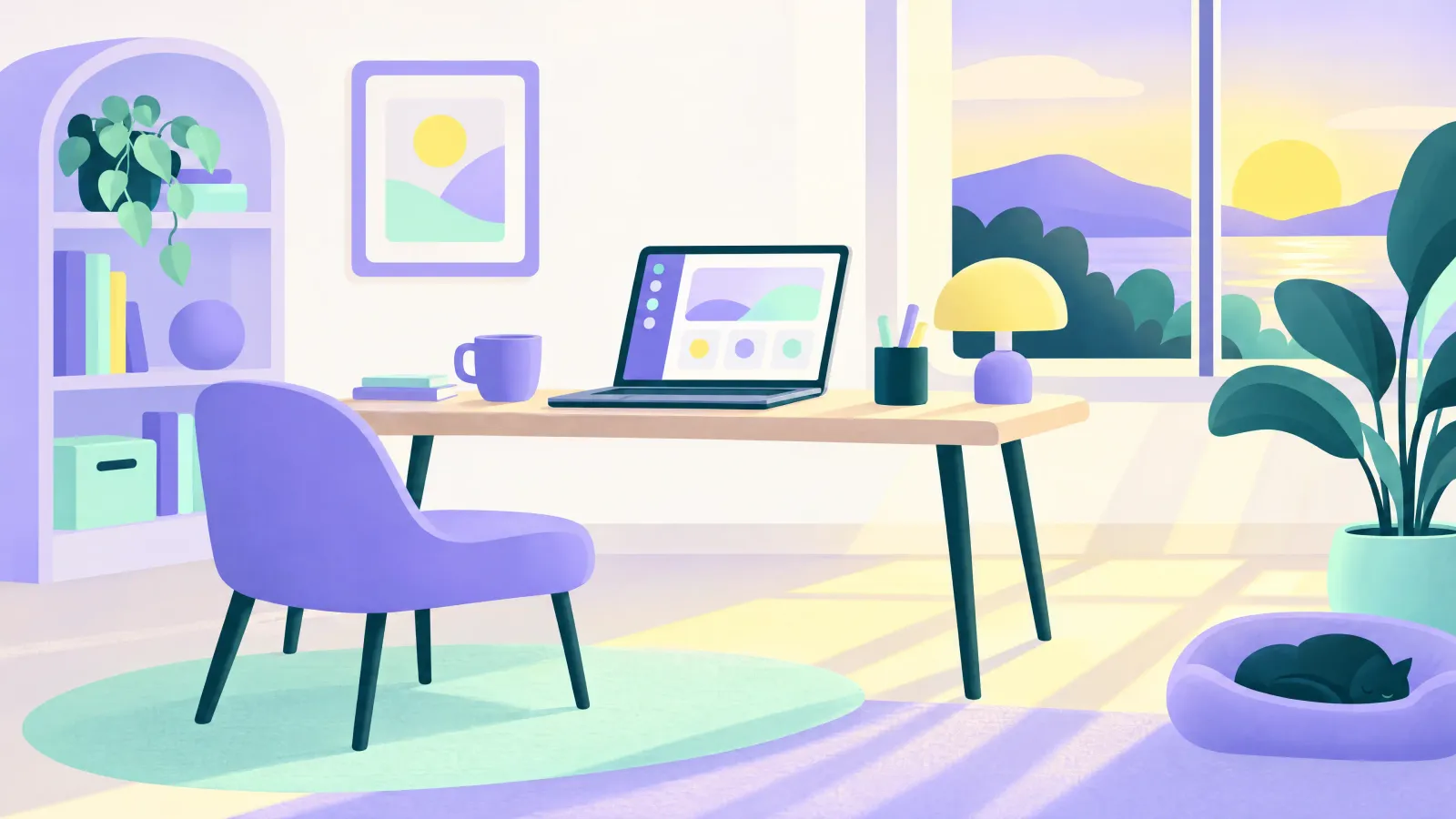 Ilustración de un escritorio en casa con una laptop abierta y luz de tarde entrando por la ventana