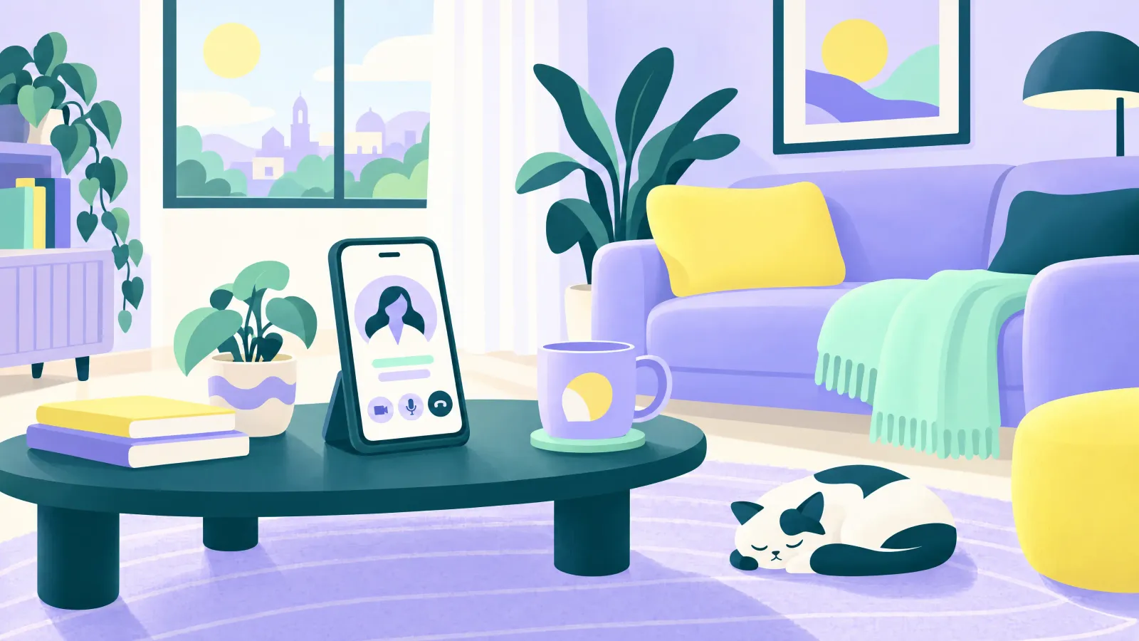 Ilustración de una sala de estar con un teléfono apoyado en la mesa mostrando una consulta médica